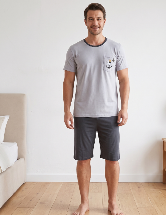 Pijama Barbati Scurta din Bumbac, Set de Vara, maneca si pantaloni scurti gri 3003 [2]