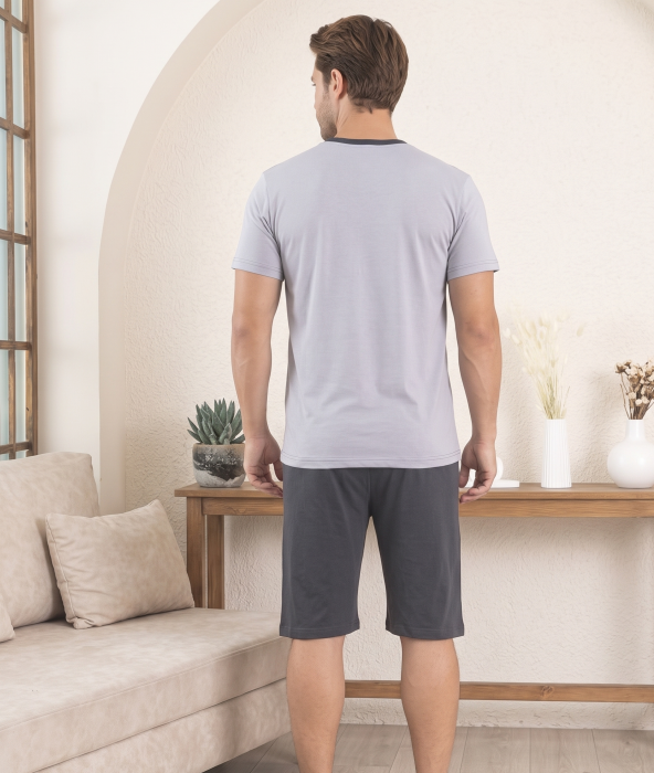 Pijama Barbati Scurta din Bumbac, Set de Vara, maneca si pantaloni scurti gri 3003 [3]