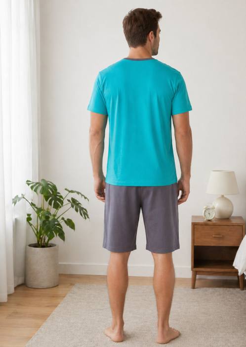 Pijama Barbati Scurta din Bumbac, Set de Vara, maneca si pantaloni scurti verde 3005 [2]