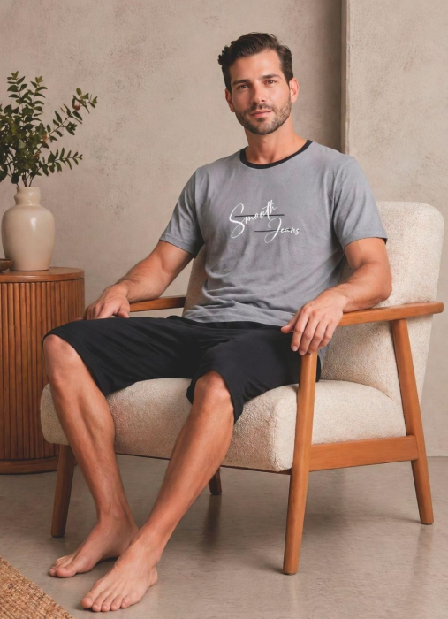 Pijama Barbati Scurta din Bumbac, Set de Vara, maneca si pantaloni scurti gri 402 [2]