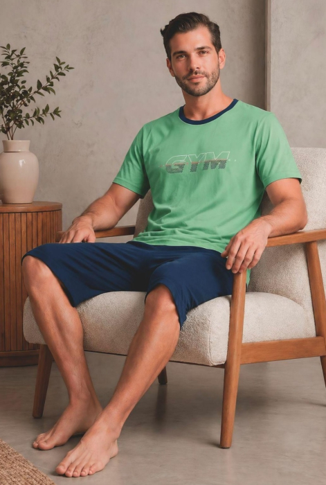 Pijama Barbati Scurta din Bumbac, Set de Vara, maneca si pantaloni scurti vernil 401 [2]