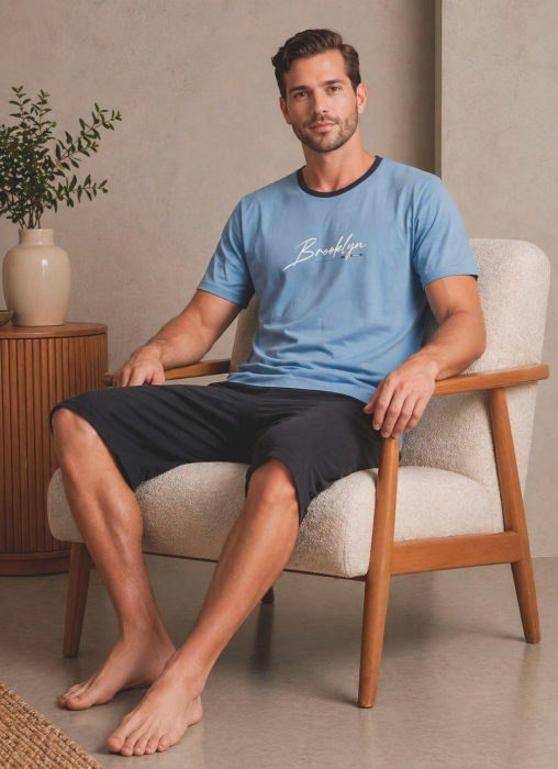Pijama Barbati Scurta din Bumbac, Set de Vara, maneca si pantaloni scurti bleu 403 [2]