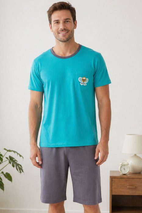Pijama Barbati Scurta din Bumbac, Set de Vara, maneca si pantaloni scurti verde 3005 [3]