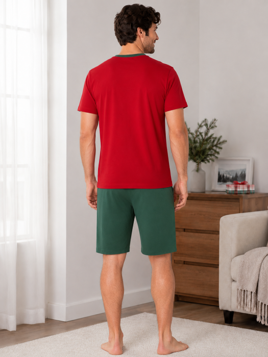 Pijama Barbati Scurta din Bumbac, Set de Vara, maneca si pantaloni scurti visiniu 1065 [2]