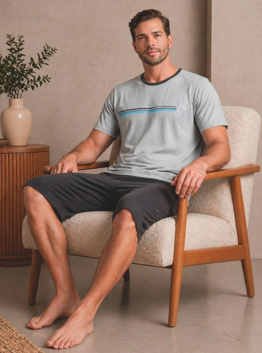 Pijama Barbati Scurta din Bumbac, Set de Vara, maneca si pantaloni scurti gri 400 [2]