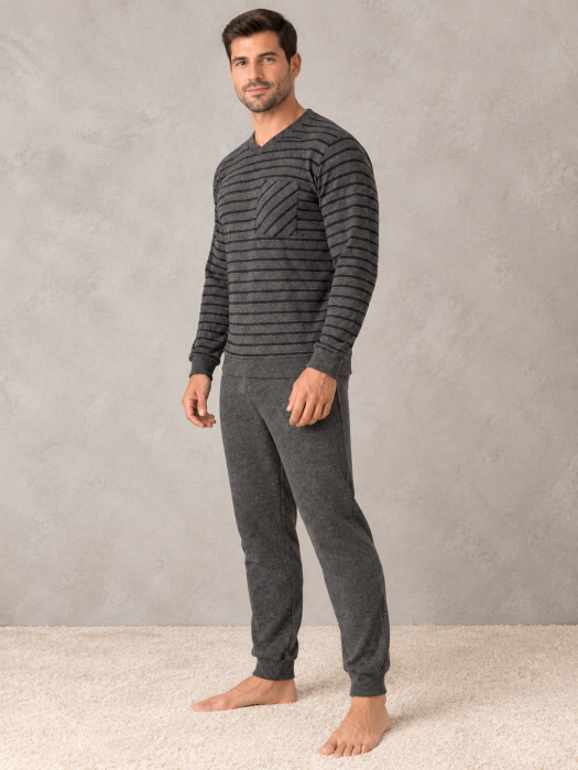 Pijama Barbati Vatuita Groasa de Iarna, Calduroasa, Bluza cu Dungi si Pantaloni 411 [4]