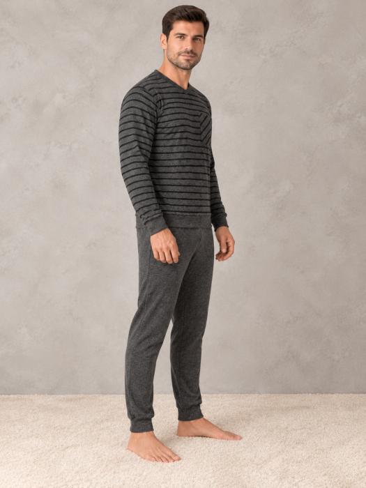 Pijama Barbati Vatuita Groasa de Iarna, Calduroasa, Bluza cu Dungi si Pantaloni 411 [2]