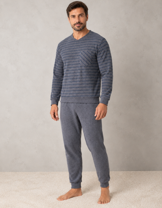 Pijama Barbati Vatuita Groasa de Iarna, Calduroasa, Bluza cu Dungi si Pantaloni 414 [2]