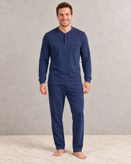 Pijama Barbati din Bumbac Gros Premium Interlock, Bleumarin, cu Maneca Lunga si Pantaloni Lungi [4]