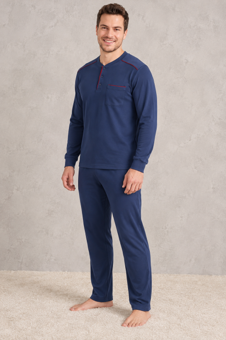 Pijama Barbati din Bumbac Gros Premium Interlock, Bleumarin, cu Maneca Lunga si Pantaloni Lungi [3]