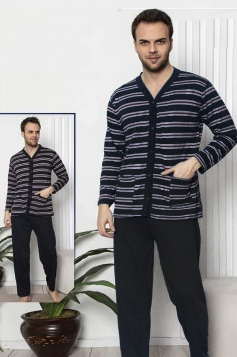 Pijama bumbac barbat, cu maneci si pantaloni lungi, negru [4]