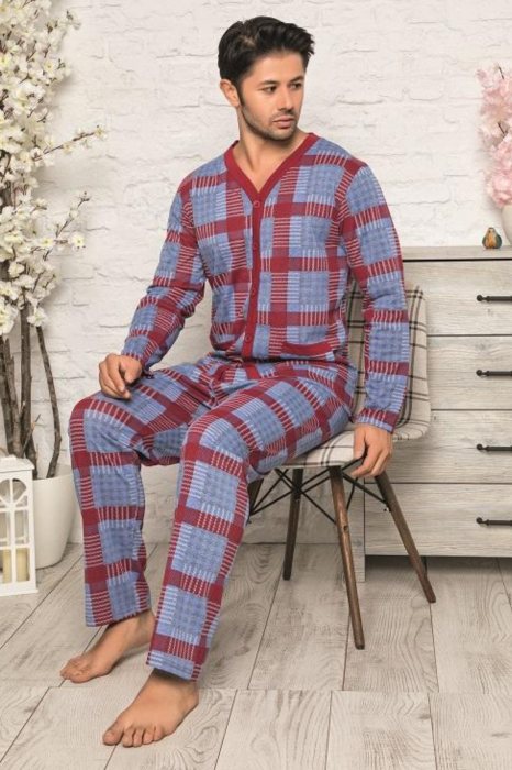 Pijama bumbac barbat, maneci si pantaloni lungi, buzunare laterale, albastru/visiniu [2]