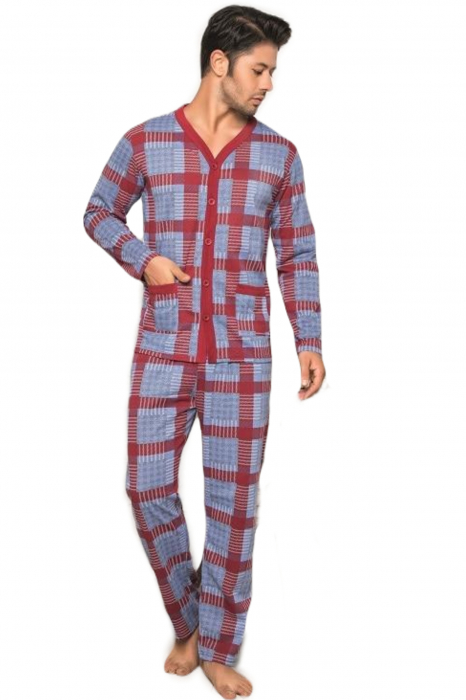 Pijama bumbac barbat, maneci si pantaloni lungi, buzunare laterale, albastru/visiniu [3]