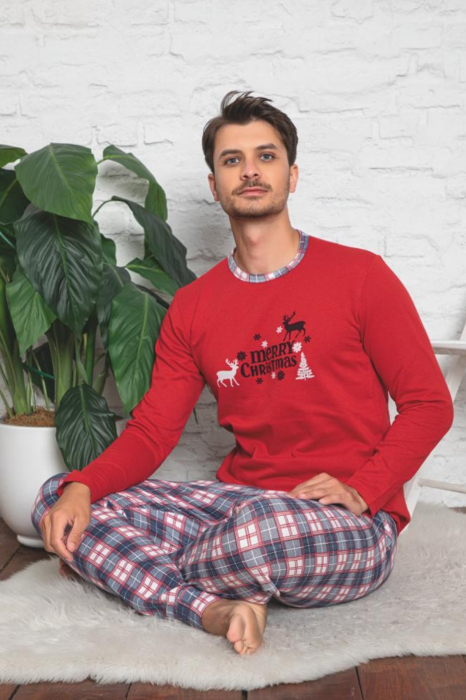 Pijama bumbac barbat, cu maneci si pantaloni lungi, imprimeu Craciun, rosu [2]