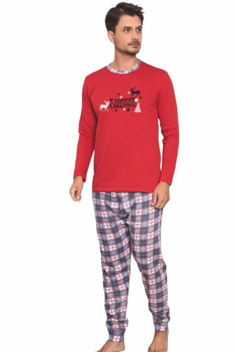 Pijama bumbac barbat, cu maneci si pantaloni lungi, imprimeu Craciun, rosu [3]
