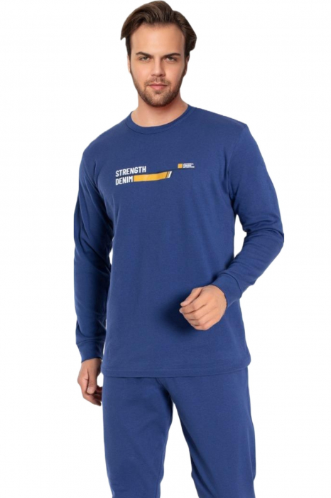 Pijama bumbac barbat, cu maneci si pantaloni lungi, imprimeu strenght denim, albastru [3]