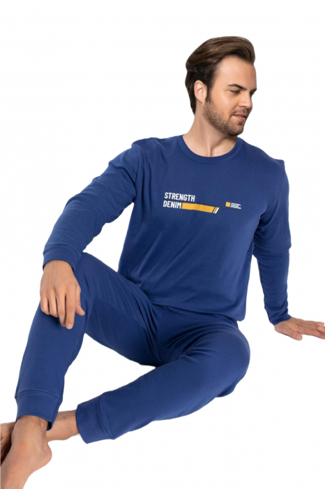 Pijama bumbac barbat, cu maneci si pantaloni lungi, imprimeu strenght denim, albastru [2]