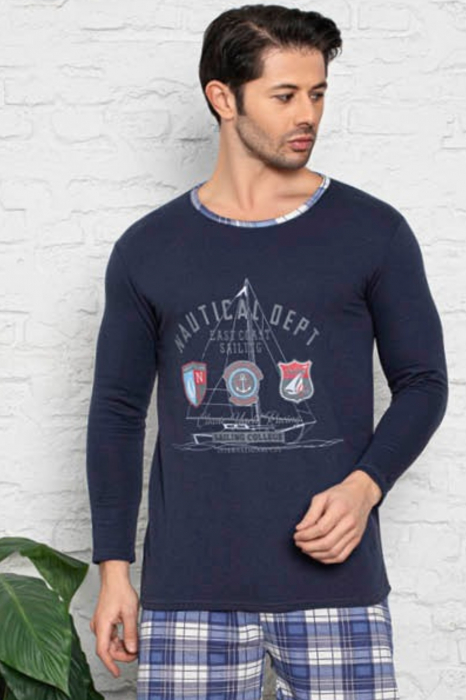Pijama bumbac barbat, cu maneci si pantaloni lungi, imprimeu nautical, albastru [3]