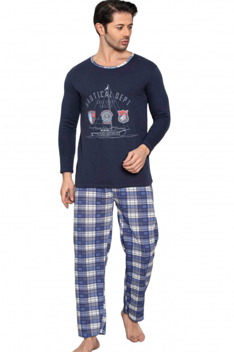 Pijama bumbac barbat, cu maneci si pantaloni lungi, imprimeu nautical, albastru [4]