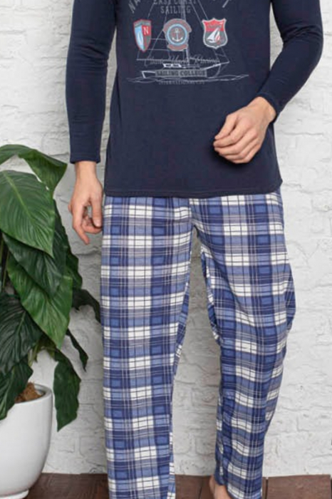 Pijama bumbac barbat, cu maneci si pantaloni lungi, imprimeu nautical, albastru [2]
