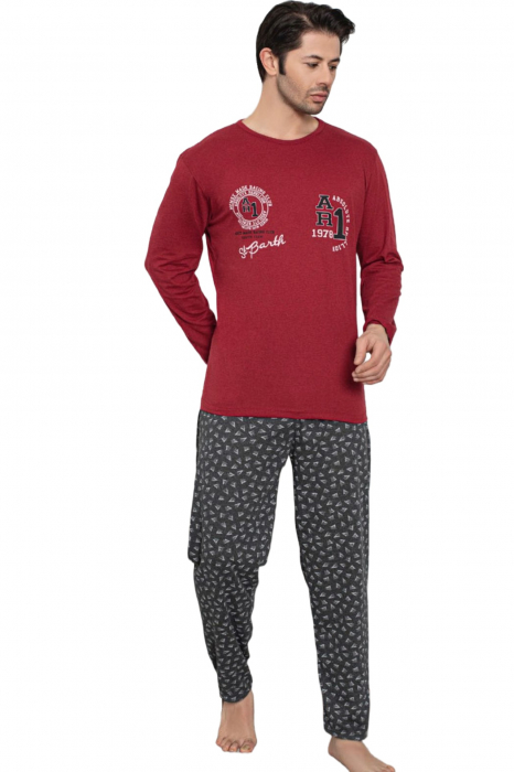 Pijama bumbac barbat, cu maneci si pantaloni lungi, imprimeu ar1, visiniu [4]