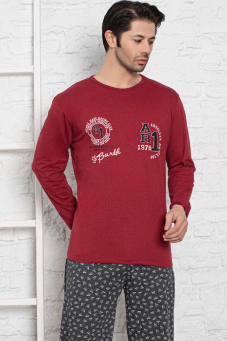 Pijama bumbac barbat, cu maneci si pantaloni lungi, imprimeu ar1, visiniu [3]