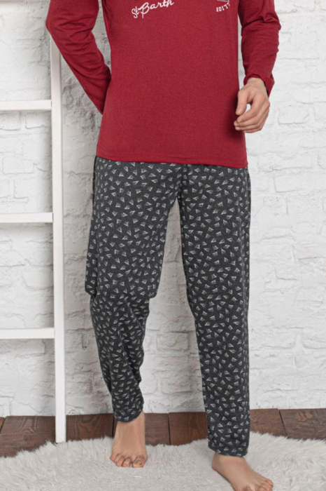 Pijama bumbac barbat, cu maneci si pantaloni lungi, imprimeu ar1, visiniu [2]