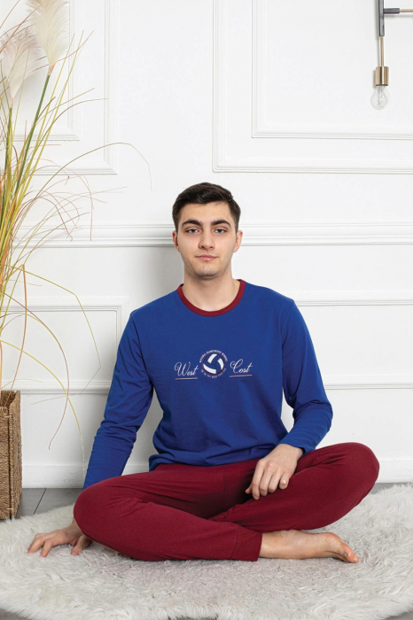 Pijama bumbac barbat, cu maneci si pantaloni lungi, imprimeu West, albastru, embody.ro [2]