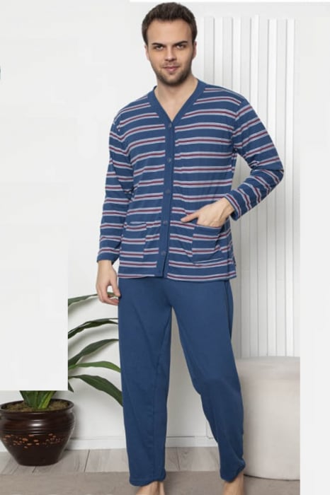 Pijama bumbac barbat, cu maneci si pantaloni lungi, buzunare laterale, inchidere nasturi bluemarin [1]