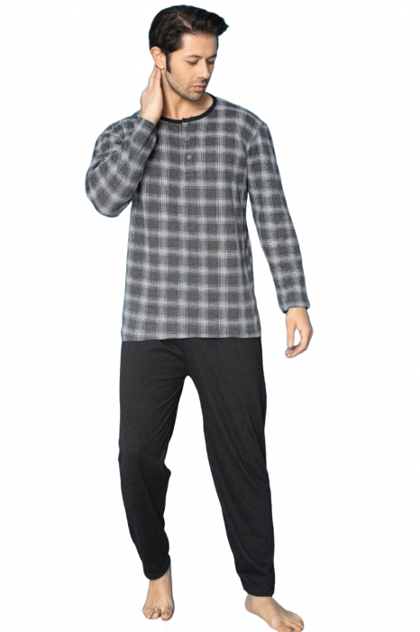 Pijama bumbac barbat, cu maneci si pantaloni lungi, imprimeu carouri, negru, embody.ro [4]