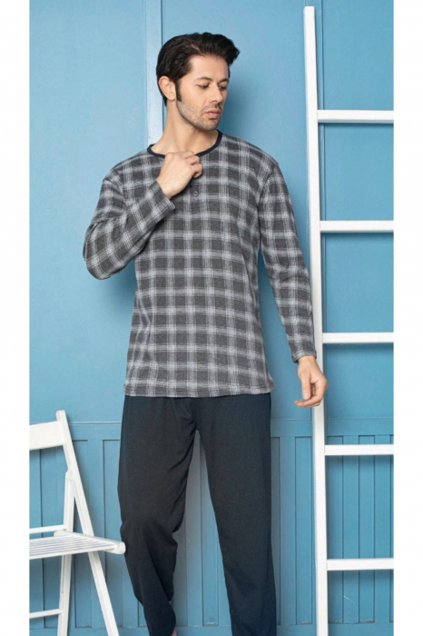 Pijama bumbac barbat, cu maneci si pantaloni lungi, imprimeu carouri, negru, embody.ro [2]