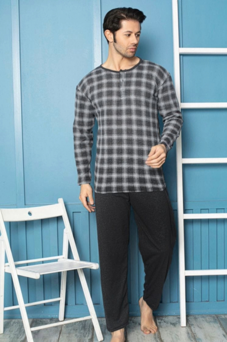 Pijama bumbac barbat, cu maneci si pantaloni lungi, imprimeu carouri, negru, embody.ro [3]
