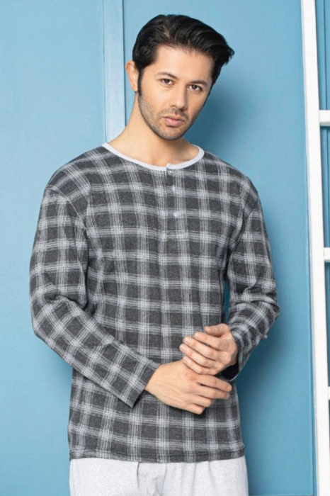Pijama bumbac barbat, cu maneci si pantaloni lungi, imprimeu carouri, gri deschis, embody.ro [3]