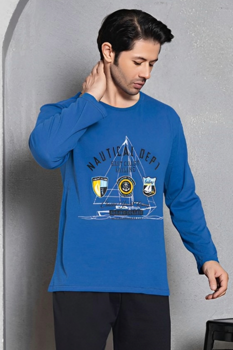 Pijama bumbac barbat, cu maneci si pantaloni lungi, imprimeu nautical, albastru, embody.ro [3]