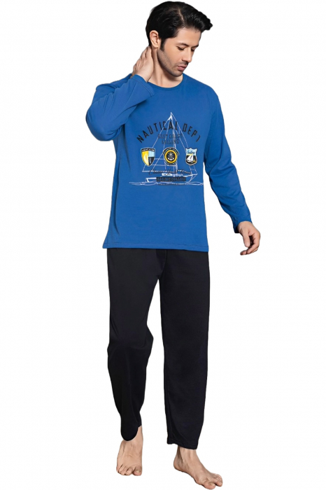 Pijama bumbac barbat, cu maneci si pantaloni lungi, imprimeu nautical, albastru, embody.ro [4]