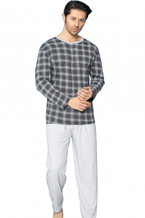 Pijama bumbac barbat, cu maneci si pantaloni lungi, imprimeu carouri, gri deschis, embody.ro [4]
