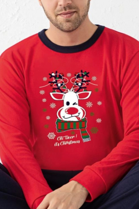 Pijama bumbac barbat, cu maneci si pantaloni lungi, imprimeu Craciun ren, rosu, embody.ro [3]