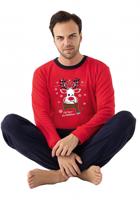 Pijama bumbac barbat, cu maneci si pantaloni lungi, imprimeu Craciun ren, rosu, embody.ro [4]