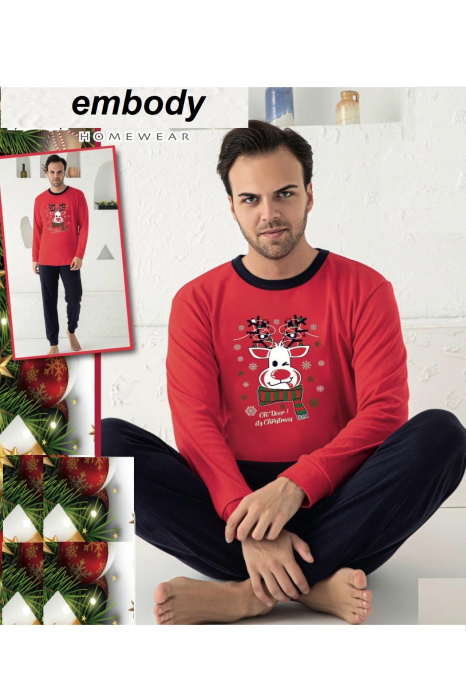 Pijama bumbac barbat, cu maneci si pantaloni lungi, imprimeu Craciun ren, rosu, embody.ro [2]