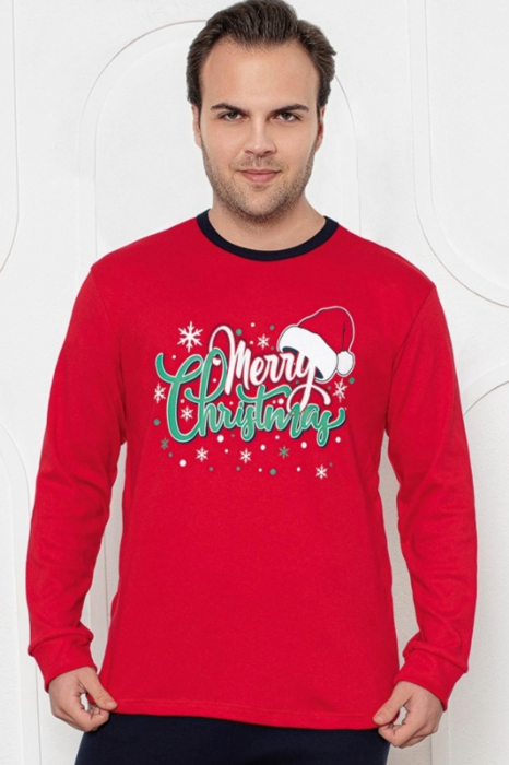 Pijama bumbac barbat, cu maneci si pantaloni lungi, imprimeu Craciun-Merry Christmas, rosu, embody.ro [3]