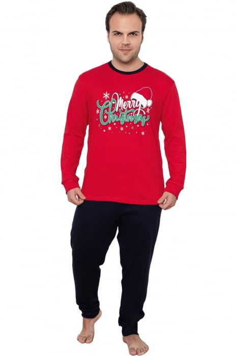 Pijama bumbac barbat, cu maneci si pantaloni lungi, imprimeu Craciun-Merry Christmas, rosu, embody.ro [4]