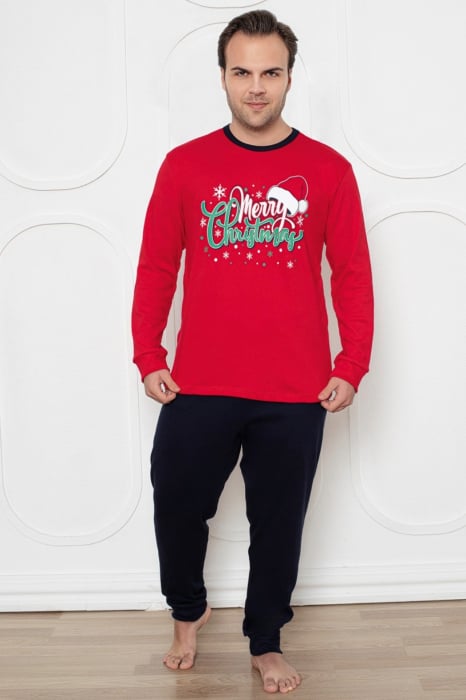 Pijama bumbac barbat, cu maneci si pantaloni lungi, imprimeu Craciun-Merry Christmas, rosu, embody.ro [2]