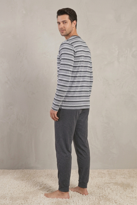 Pijama Barbati Bumbac Premium, Set Bluza cu Maneca Lunga in Dungi si Pantaloni Lungi cu Mansete, Gri [3]