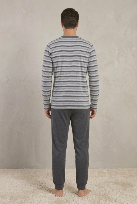 Pijama Barbati Bumbac Premium, Set Bluza cu Maneca Lunga in Dungi si Pantaloni Lungi cu Mansete, Gri [2]