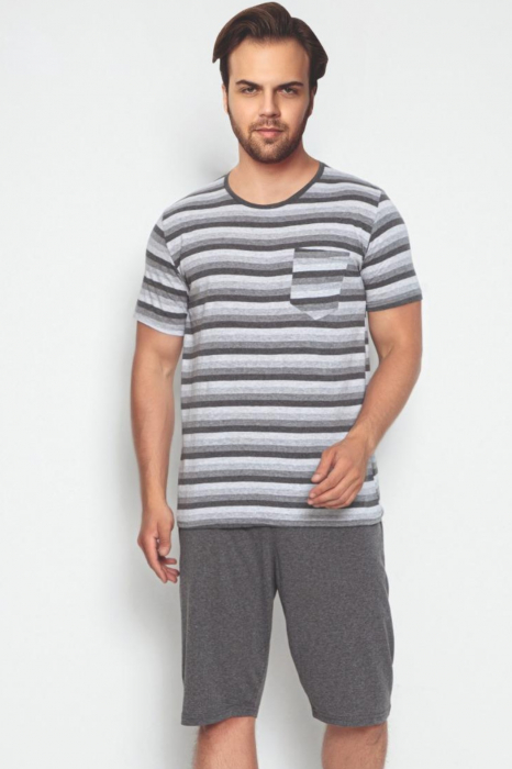 Pijama bumbac barbat, cu maneci si pantaloni scurti, imprimeu cu dungi, gri [3]