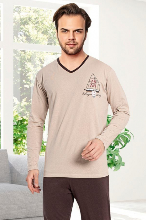 Pijama bumbac barbat, cu maneci si pantaloni lungi, imprimeu royal, maro [3]