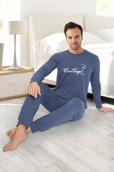 Pijama bumbac premium barbat, cu maneci si pantaloni lungi, imprimeu Vintage, albastru [2]