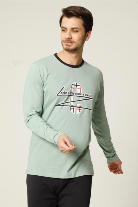 Pijama bumbac barbat, cu maneci si pantaloni lungi, imprimeu enjoy, verde [4]