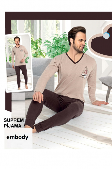 Pijama bumbac barbat, cu maneci si pantaloni lungi, imprimeu royal, maro [4]