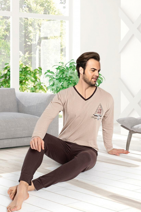 Pijama bumbac barbat, cu maneci si pantaloni lungi, imprimeu royal, maro [2]